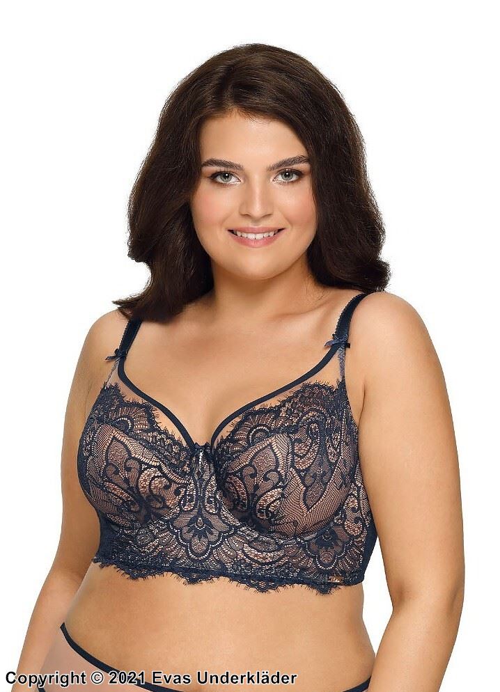 Big cup bra, sheer inlays, lace embroidery, flowers, B to J-cup